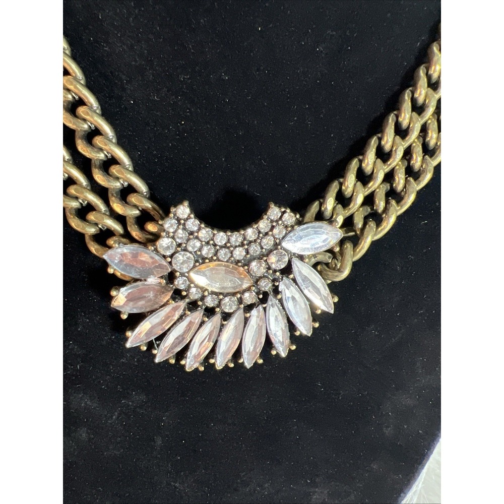 Vintage Womens Bronce Tone Double Chain Rhinestone Front Statement Necklace - Picture 11 of 12